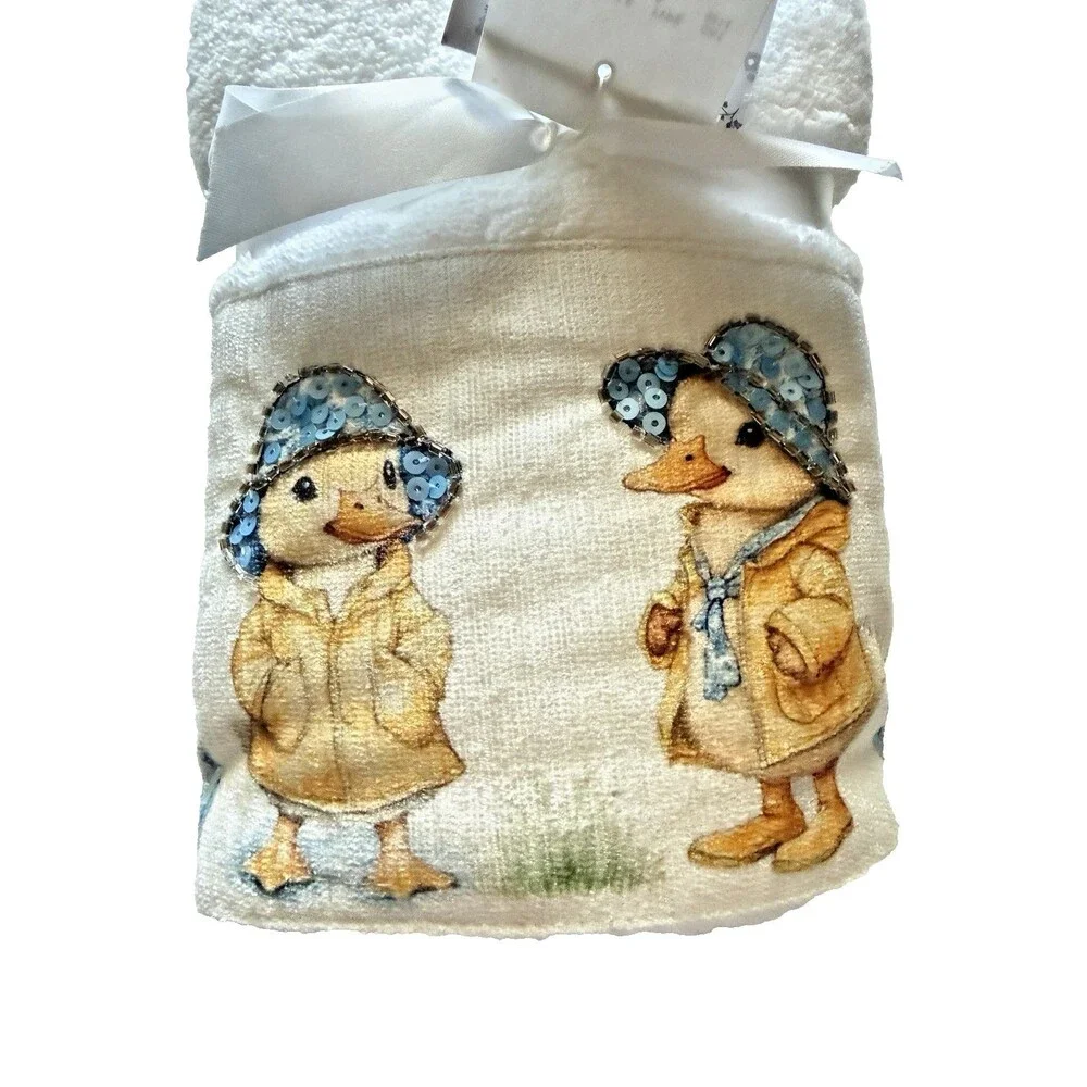 Shabby Chic Hand Towels Easter Beaded Sequin Embroidered White Ducks Set of 2